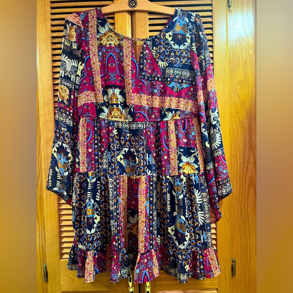 Sz Med Patchwork Boho Bohemian Red Tunic or Dress